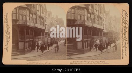 Foto stereoscopica d'epoca datata 1893 di Bridge Street da Watergate Street a Chester una città storica in Inghilterra che risale al periodo medievale. Foto Stock