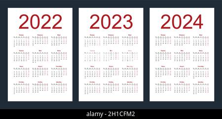 Griglia calendario per 2022, 2023 e 2024 anni. Semplice modello verticale in lingua russa. La settimana inizia dal lunedì. Illustrazione del vettore isolato su wh Illustrazione Vettoriale