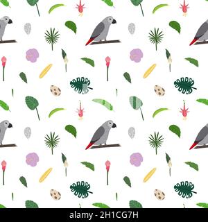 Modello senza cuciture con pappagallo Jaco grigio africano, foglie tropicali, fiori e uova. Cute baby stampa per tessuti e tessuti. Illustrazione Vettoriale