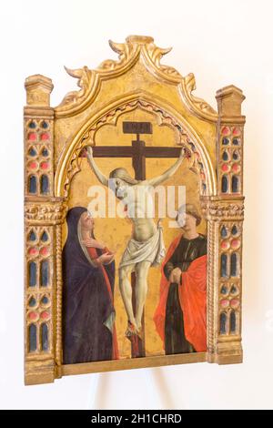Palazzo Ducale, Tavola Crocifissa tra la Vergine e San Giovanni di Girolamo di Giovanni da Camerino, Patrimonio dell'Umanità dell'UNESCO, Urbino, Marche, Italia, Foto Stock