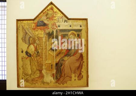 Palazzo Ducale, Annuncio di Olivuccio Ciccarelli da Camerino, Patrimonio dell'Umanità dell'UNESCO, Urbino, Marche, Italia, Europa Foto Stock