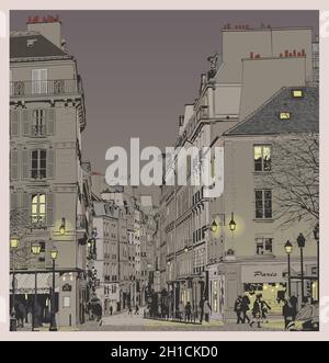 Strada di Parigi di notte - illustrazione vettoriale Illustrazione Vettoriale