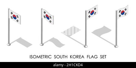 Bandiera isometrica DELLA COREA DEL SUD in posizione statica e in movimento sul flagpole. vettore 3d Illustrazione Vettoriale