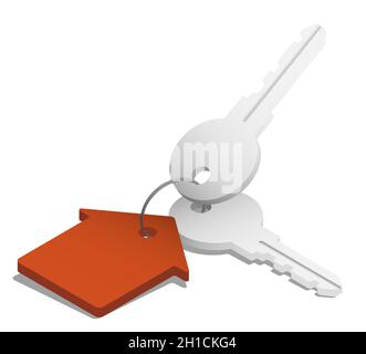 Chiavi in metallo isometriche con portachiavi in forma di casa dalla serratura della porta anteriore. Vettore 3D realistico isolato su sfondo bianco Illustrazione Vettoriale