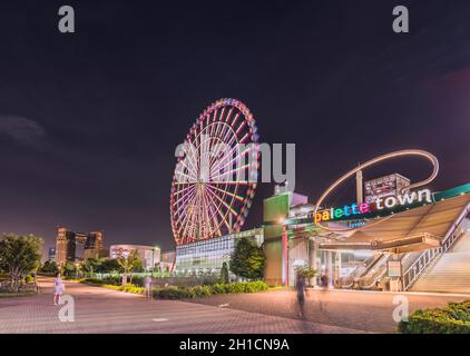 Odaiba illuminata palette Town ruota panoramica chiamata Daikanransha visibile dalla zona centrale urbana di Tokyo nel cielo notturno estivo. I passeggeri possono s. Foto Stock