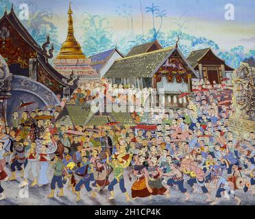 CHIANG mai,THAILANDIA - 27 OTTOBRE 2014 : Tailandese Lanna pittura murale della cerimonia di ordinazione dei novizi buddisti (POY Sang Long festival) sul muro del tempio di W. Foto Stock