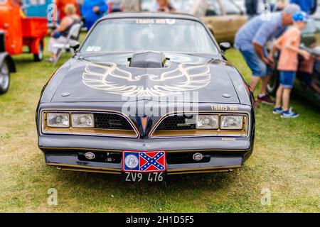 Bray, Irlanda, giugno 2018 spettacolo del Bray Vintage Car Club con esposizione all'aperto di auto retrò. Vista frontale sul nero Pontiac Firebird dal 1979 Foto Stock