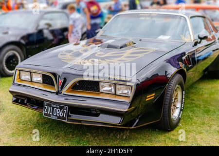 Bray, Irlanda, giugno 2018 spettacolo del Bray Vintage Car Club con esposizione all'aperto di auto retrò. Vista frontale sul nero Pontiac Firebird dal 1979 Foto Stock