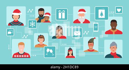 Persone provenienti da tutto il mondo che si connettono insieme online, stanno celebrando il Natale e l'invio di desideri, tecnologia e vacanza concetto Illustrazione Vettoriale