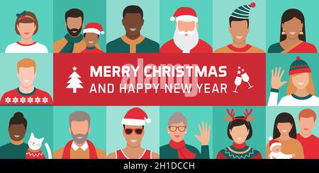 Gente felice da tutto il mondo che si connette insieme in linea, stanno celebrando il Natale e trasmettendo i desideri Illustrazione Vettoriale