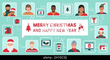 Persone provenienti da tutto il mondo che si connettono insieme online, stanno celebrando il Natale e l'invio di desideri, tecnologia e vacanza concetto Illustrazione Vettoriale