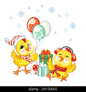 Due simpatici personaggi di pollo cartoon in cappelli di Natale con regali e palloncini. Illustrazione isolata dal vettore. Animali divertenti di Natale. Per le carte, po Illustrazione Vettoriale
