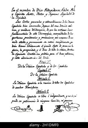Prima pagina della Costituzione spagnola del 1812, chiamata anche la Pepa. Senato spagnolo Foto Stock