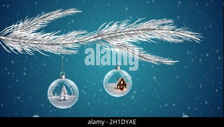 Due baubles di Natale chiaro che pende dall'albero di Natale contro fiocchi di neve che cadono sul backgrou blu Foto Stock