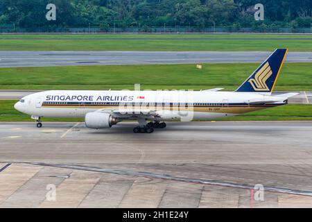 Changi, Singapore – 29 gennaio 2018: Singapore Airlines Boeing 777-200ER aereo all'aeroporto Changi (SIN) di Singapore. Boeing è un aereo americano Foto Stock