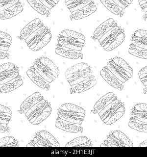 Burger hamburger disegni bianco e nero disegno a mano contorno. Illustrazione vettoriale Illustrazione Vettoriale