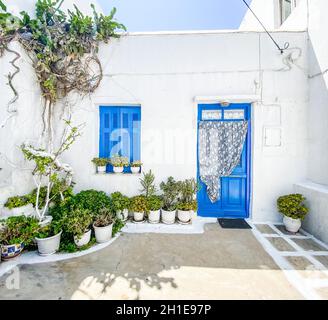 Tipico cortile greco con parete bianca, porta blu e un sacco di piante da decorare Foto Stock