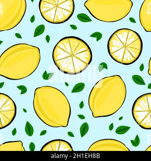 Elegante motivo alla moda per la frutta. Modello al limone. Modello senza cuciture per tessuti e tessuti da cucina. Luminoso design estivo. Limoni gialli di agrumi. Illustrazione Vettoriale