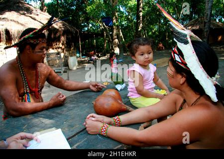 porto seguro, bahia / brasile - 4 agosto 2008: Gli indigeni Pataxo sono visti insieme ad un pappagallo animale domestico ad Aldeia Jaqueira, nella città di Porto S. Foto Stock