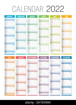 Anno 2022 calendario colorato, su sfondo bianco. Modello vettoriale. Illustrazione Vettoriale