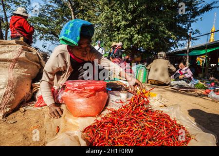 INLE LAKE, MYANMAR - 7 GENNAIO 2014: Donna che vende peperoncino rosso caldo nel mercato rurale Foto Stock
