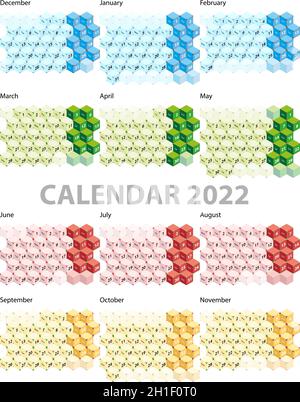 Calendario 2022. Cubi isometrici colorati. Illustrazione vettoriale Illustrazione Vettoriale