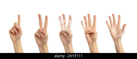Set di numero 1 2 3 4 5 con gesti delle mani isolati su sfondo bianco. Foto Stock