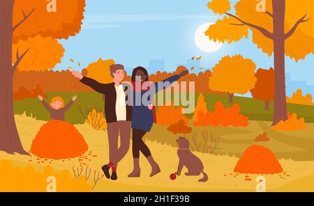 Autunno famiglia divertente passeggiata, persone felici e cane PET a piedi nel parco della città o paesaggio forestale illustrazione vettoriale. Cartone animato bambino che gioca con le foglie di caduta, uomo donna coppia personaggi abbracciare sfondo Illustrazione Vettoriale