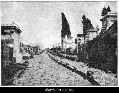 Le strade di Pompei. La città fu distrutta e sepolta sotto cenere vulcanica e pomice nell'eruzione del Vesuvio nel 79 d.C. Illustrazione di Th Foto Stock