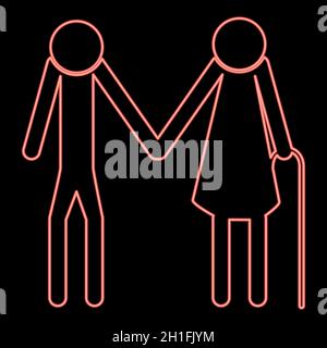 Neon anziano persone bastone rosso vettore colore illustrazione immagine piatta stile chiaro Illustrazione Vettoriale