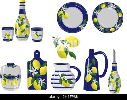 Un set di piatti in ceramica - piatti, caraffe, un vaso e tagliere, bicchieri e una lattina d'olio. Motivo italiano con limoni gialli. Illustrazione Vettoriale