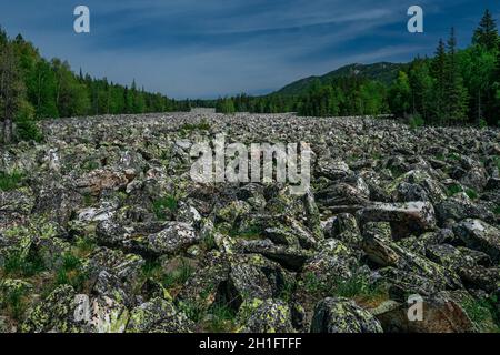 Il fiume di rocce o Stone River. Parco Nazionale di Taganay in Urali meridionali, Russia. Le montagne Urali. Foto Stock