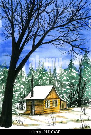 Pittura ad acquerello. Paesaggio innevato. Alberi, cottage e cielo. Foto Stock