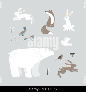 Set di animali selvatici invernali. Carino orso polare, lepre, coniglio. Volpe, colomba e uccelli con funghi, alberi. Design nordico di Natale per biglietti d'auguri Illustrazione Vettoriale