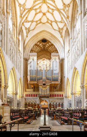 WELLS, Regno Unito - 07 ottobre 2011. All'interno del Quire o del coro della Cattedrale di Wells. Con Hammond e Hammond organo chiesa. Wells, Somerset, UK Foto Stock