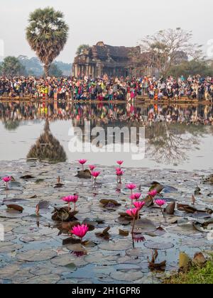 I turisti aspettano l'alba alla Biblioteca Nord di Angkor Wat - Siem Reap, Cambogia Foto Stock