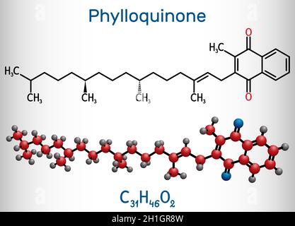 Phytomenadione, vitamina K1, molecola di fillochinone. È essenziale vitamina solubile nel grasso, è importante per mantenere la coagulazione del sangue normale. Structu Illustrazione Vettoriale