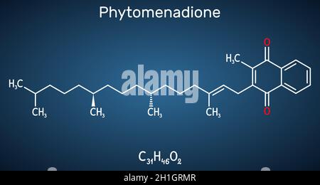 Phytomenadione, vitamina K1, molecola di fillochinone. È essenziale vitamina solubile nel grasso, è importante per mantenere la coagulazione del sangue normale. Structu Illustrazione Vettoriale