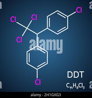 DDT, molecola di diclorodifeniltricloroetano. È insetticida di organocloruro comunemente usato. Formula chimica strutturale su sfondo blu scuro Illustrazione Vettoriale