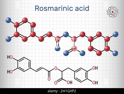 Acido rosmarino, molecola. È polifenolo, fenilpropanoide, acido monocarbossilico, farmaco antinfiammatorio non steroideo, antiossidante, serina proteinas Illustrazione Vettoriale