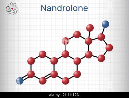 Nandrolone, 19-nortestosterone, molecola di nortestosterone. È androgeni, sintetico, anabolizzanti steroidi AAS, analogo del testosterone. Foglio di carta in un Illustrazione Vettoriale