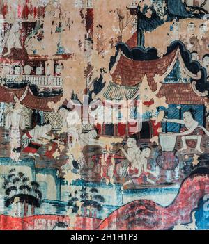 CHIANG mai,THAILANDIA - 29 OTTOBRE 2014 : pittura murale in stile Lanna Tailandese antica della storia di vita del Buddha all'interno di Wat Buak Krok Luang a Chiang M. Foto Stock