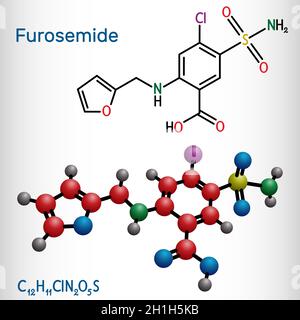 Furosemide, molecola di frusemide. Farmaco diuretico, è usato per trattare l'ipertensione e l'edema. Formula chimica strutturale e modello molecolare. Vettore illustraz Illustrazione Vettoriale