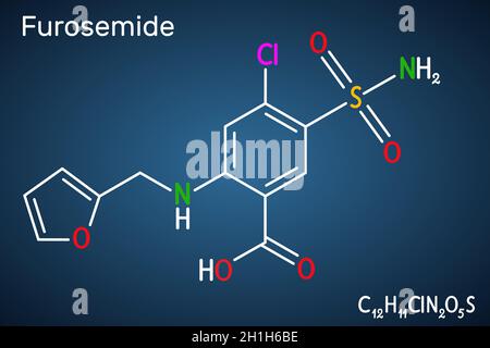 Furosemide, molecola di frusemide. Farmaco diuretico, è usato per trattare l'ipertensione e l'edema. Formula chimica strutturale su sfondo blu scuro. VECTO Illustrazione Vettoriale