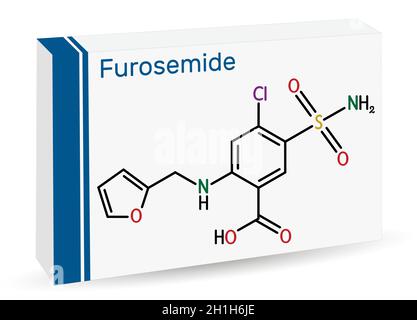 Furosemide, molecola di frusemide. Farmaco diuretico, è usato per trattare l'ipertensione e l'edema. Formula chimica scheletrica. Imballaggio in carta per farmaci. Vettore i Illustrazione Vettoriale