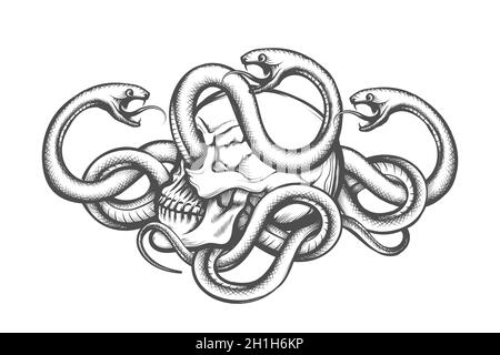 Tatuaggio disegnato a mano di cranio umano intrecciato da serpenti . Illustrazione vettoriale Illustrazione Vettoriale