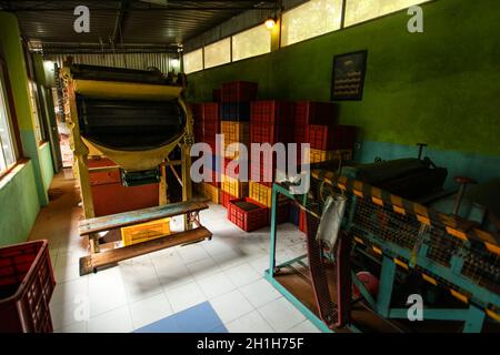 Kandy, Sri Lanka - Aprile 12th, 2017: stanza vuota con tè macchina asciugatrice a tè Kadugannawa Fabbrica, scatole di plastica con tè trattati nel retro. Alcuni di f Foto Stock