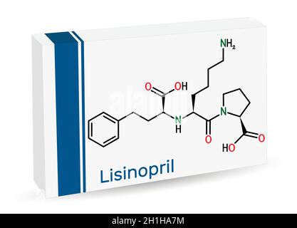 Molecola di Lisinopril. È dipeptide, ACE inibitore usato per trattare l'ipertensione, l'insufficienza cardiaca, gli attacchi di cuore. Formula chimica scheletrica. Confezione di carta Illustrazione Vettoriale