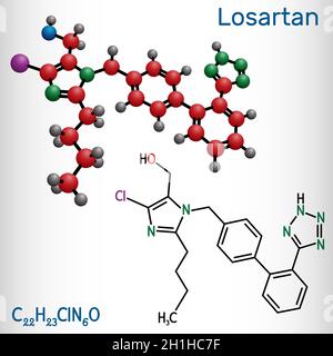 Molecola di losartan. È farmaco, usato per trattare l'ipertensione, malattia renale diabetica, insufficienza cardiaca. Formula chimica strutturale e modello molecolare. VEC Illustrazione Vettoriale