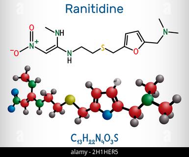 Molecola di ranitidina. Viene utilizzato per il trattamento dell'ulcera peptica. Formula chimica strutturale e modello molecolare. Illustrazione vettoriale Illustrazione Vettoriale